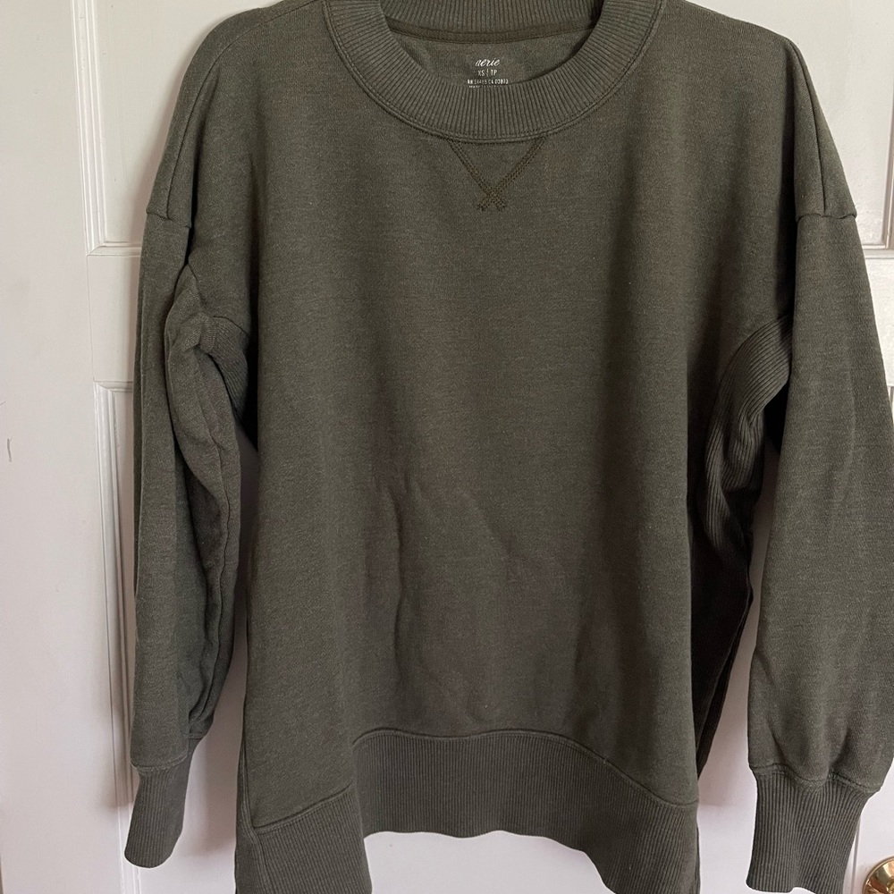 aerie Oversized Olive Green Crew Neck Pullover Sweatshirt